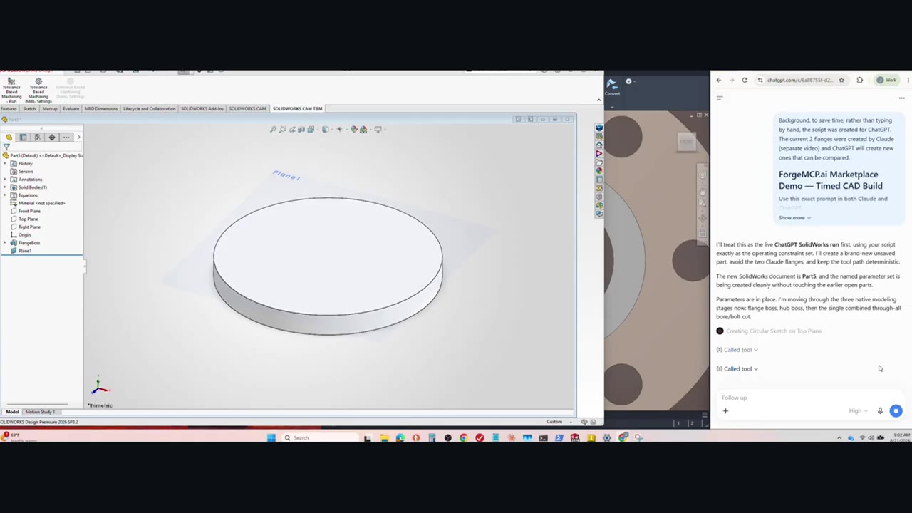ChatGPT driving SolidWorks: a circular boss being created, with the assistant calling tools beside it.