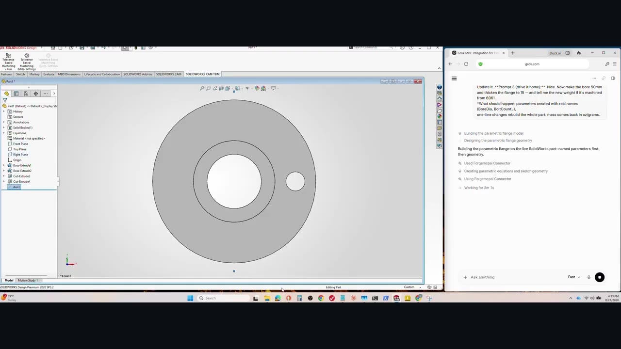 Grok driving SolidWorks: a parametric flange in the modelling window, with the assistant's tool calls beside it.